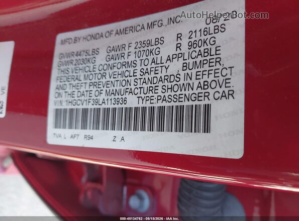 1HGCV1F39LA113936 2020 HONDA ACCORD Red Вид підкапотного простору