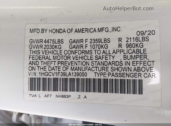 1HGCV1F39LA139050 2020 HONDA ACCORD White Engine compartment view