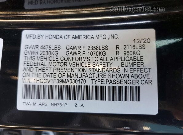 1HGCV1F39MA030170 2021 HONDA ACCORD Black 