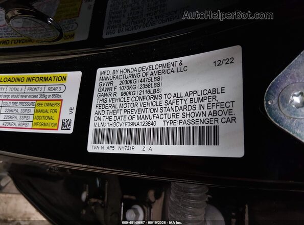 1HGCV1F39NA123840 2022 HONDA ACCORD Black ძრავის განყოფილების ხედი