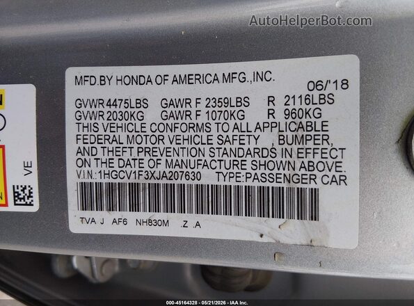 1HGCV1F3XJA207630 2018 HONDA ACCORD Gray 
