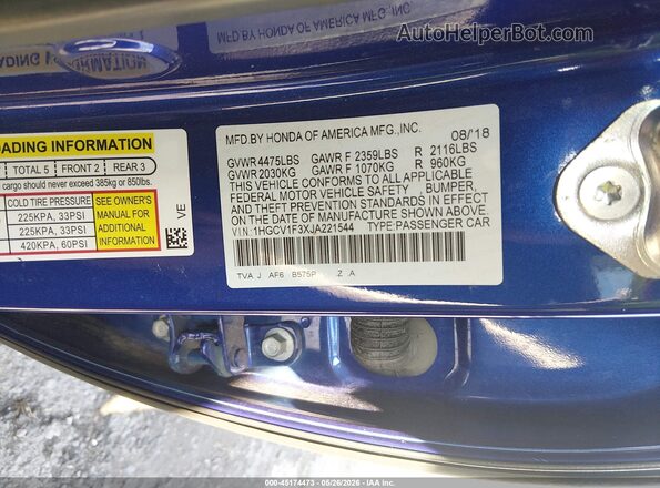 1HGCV1F3XJA221544 2018 HONDA ACCORD Blue Вид підкапотного простору