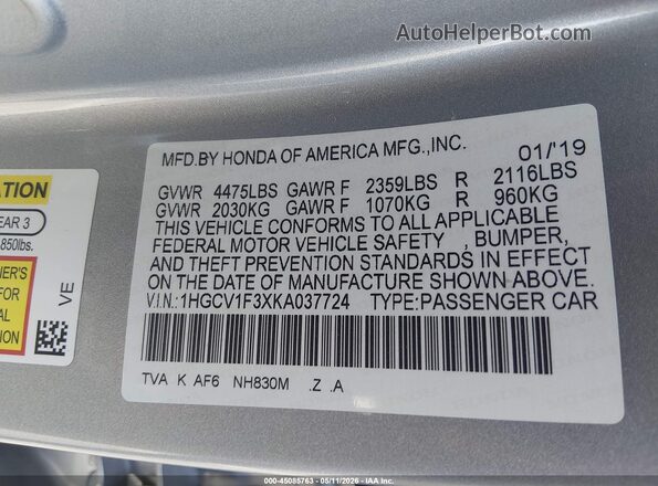 1HGCV1F3XKA037724 2019 HONDA ACCORD Silver Вид підкапотного простору