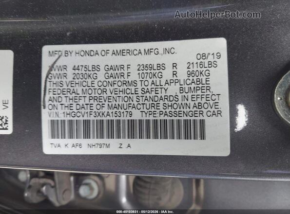1HGCV1F3XKA153179 2019 HONDA ACCORD Gray Vista del compartimento del motor