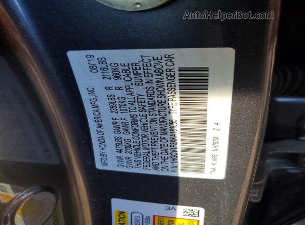 1HGCV1F3XKA161055 2019 HONDA ACCORD Gray Вид підкапотного простору