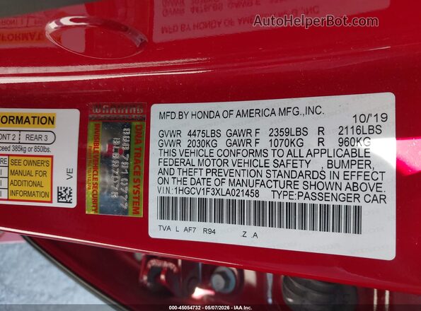 1HGCV1F3XLA021458 2020 HONDA ACCORD Red Engine compartment view
