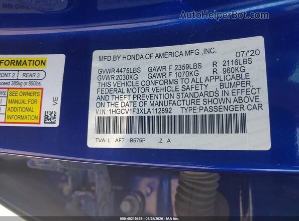 1HGCV1F3XLA112892 2020 HONDA ACCORD Blue ძრავის განყოფილების ხედი