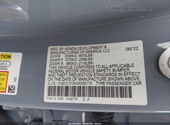 1HGCV1F3XNA059176 2022 HONDA ACCORD Gray 