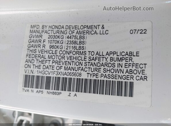 1HGCV1F3XNA065608 2022 HONDA ACCORD White Engine compartment view