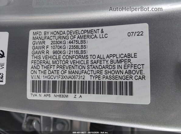 1HGCV1F3XNA067312 2022 HONDA ACCORD Silver Engine compartment view