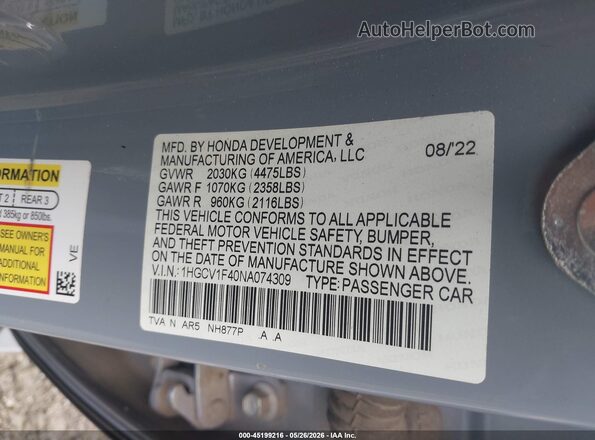1HGCV1F40NA074309 2022 HONDA ACCORD Gray Շարժիչի բաժամունքի տեսք
