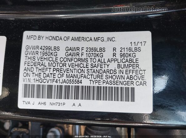 1HGCV1F41JA055584 2018 HONDA ACCORD Black ძრავის განყოფილების ხედი
