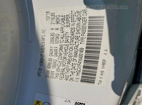 1HGCV1F41KA001459 2019 HONDA ACCORD White 