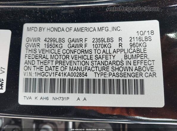 1HGCV1F41KA002854 2019 HONDA ACCORD Черный 