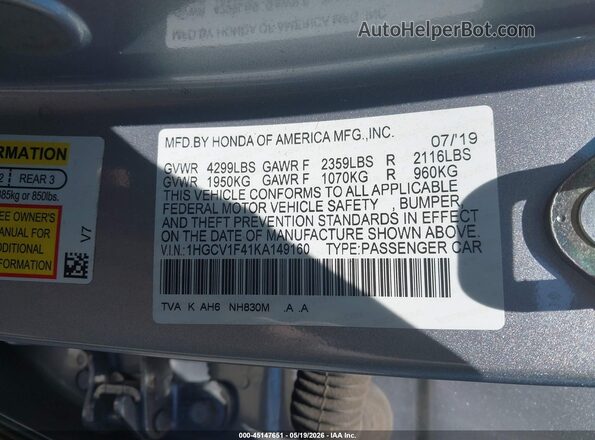 1HGCV1F41KA149160 2019 HONDA ACCORD Silver Engine compartment view