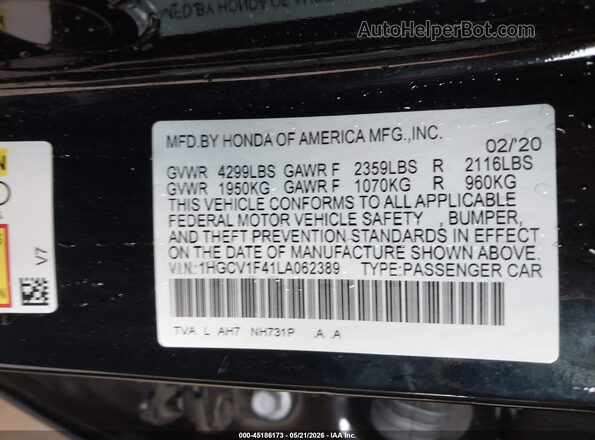 1HGCV1F41LA062389 2020 HONDA ACCORD Black Շարժիչի բաժամունքի տեսք