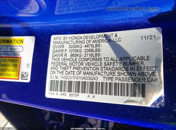1HGCV1F41NA009243 2022 HONDA ACCORD Blue ძრავის განყოფილების ხედი