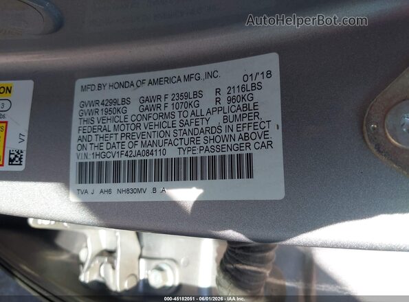 1HGCV1F42JA084110 2018 HONDA ACCORD Silver Vista del compartimento del motor