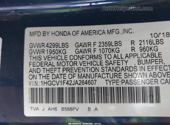 1HGCV1F42JA264607 2018 HONDA ACCORD Blue Շարժիչի բաժամունքի տեսք