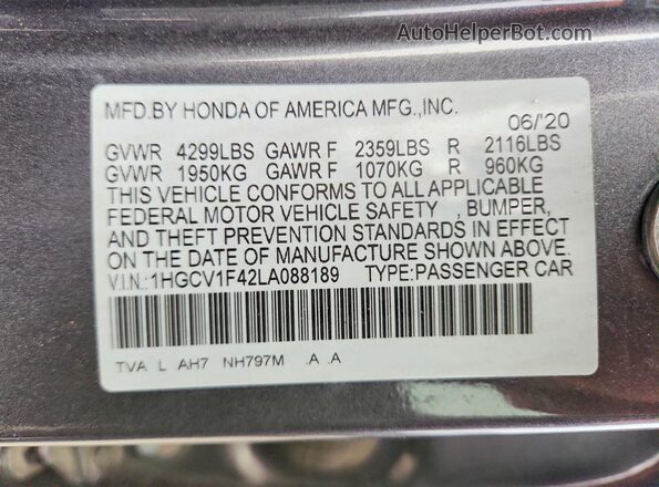 1HGCV1F42LA088189 2020 HONDA ACCORD Gray Вид наклейки з VIN-кодом