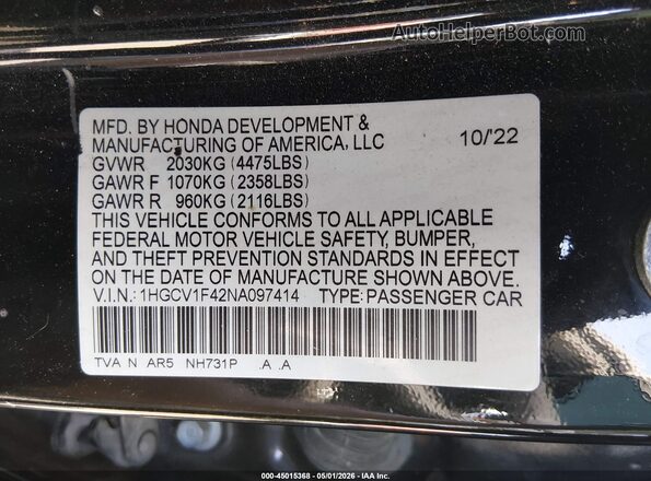 1HGCV1F42NA097414 2022 HONDA ACCORD Purple Вид підкапотного простору