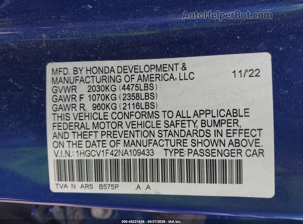 1HGCV1F42NA109433 2022 HONDA ACCORD Blue Vista del compartimento del motor