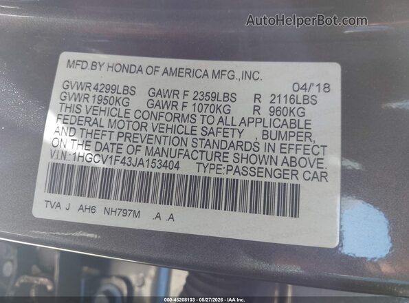 1HGCV1F43JA153404 2018 HONDA ACCORD Gray Շարժիչի բաժամունքի տեսք