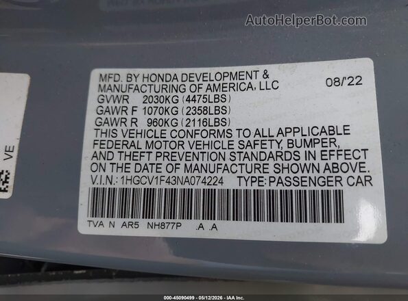 1HGCV1F43NA074224 2022 HONDA ACCORD Серый Вид подкапотного пространства