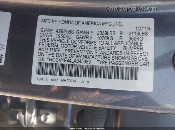 1HGCV1F44LA045389 2020 HONDA ACCORD Gray 