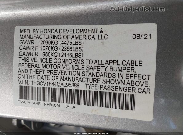 1HGCV1F44MA095386 2021 HONDA ACCORD Silver Շարժիչի բաժամունքի տեսք
