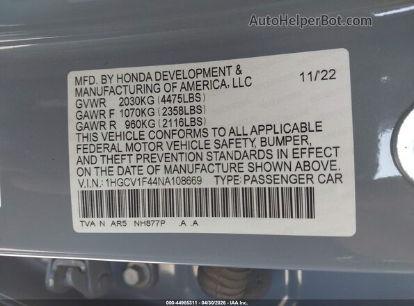 1HGCV1F44NA108669 2022 HONDA ACCORD Gray Vista del compartimento del motor