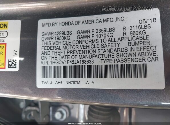 1HGCV1F45JA168633 2018 HONDA ACCORD Серый Вид подкапотного пространства
