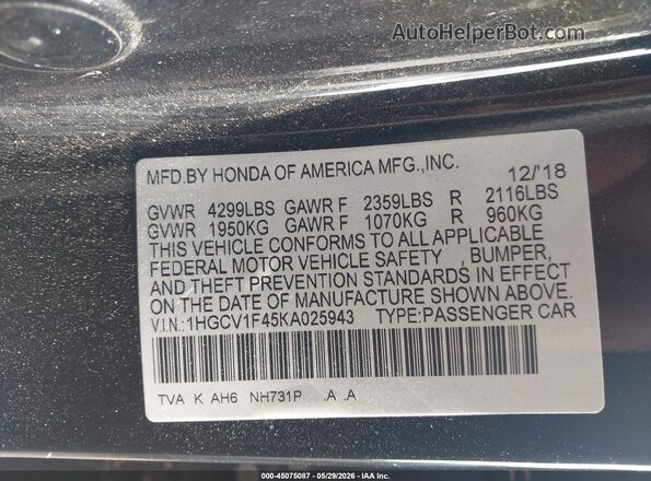 1HGCV1F45KA025943 2019 HONDA ACCORD Black ძრავის განყოფილების ხედი
