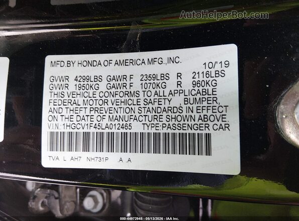 1HGCV1F45LA012465 2020 HONDA ACCORD Black ძრავის განყოფილების ხედი