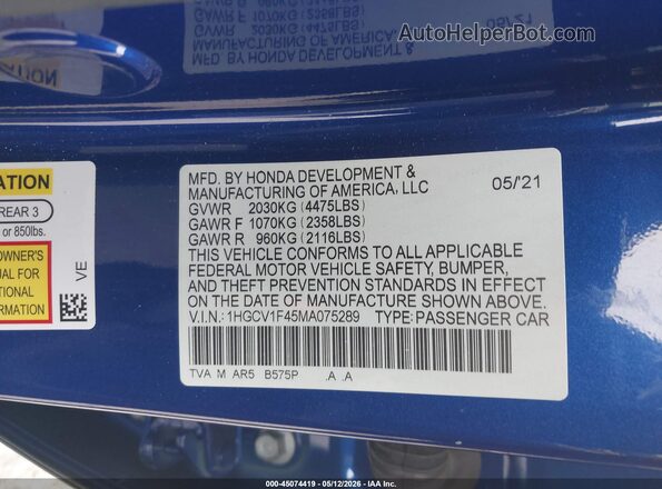 1HGCV1F45MA075289 2021 HONDA ACCORD Синий 
