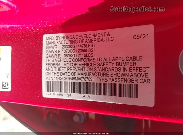 1HGCV1F45MA078709 2021 HONDA ACCORD Red Vista del compartimento del motor