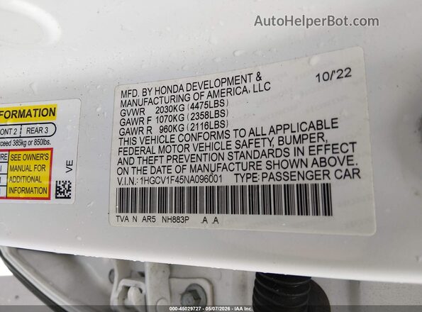 1HGCV1F45NA096001 2022 HONDA ACCORD White 