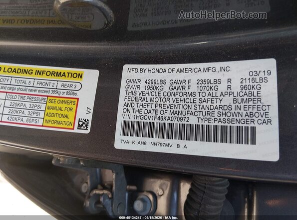 1HGCV1F46KA070972 2019 HONDA ACCORD Gray Вид підкапотного простору