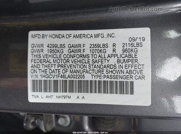 1HGCV1F46LA002205 2020 HONDA ACCORD Gray Vista del compartimento del motor