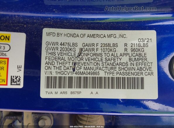 1HGCV1F46MA049865 2021 HONDA ACCORD Blue Widok komory silnika