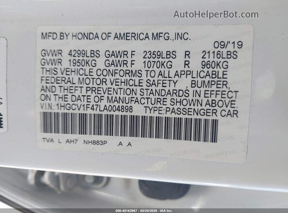1HGCV1F47LA004898 2020 HONDA ACCORD Белый Вид подкапотного пространства