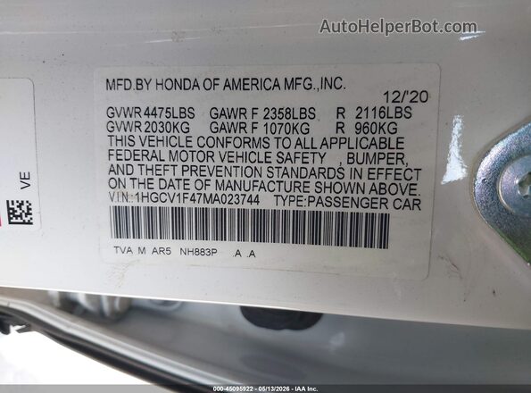 1HGCV1F47MA023744 2021 HONDA ACCORD Белый Вид подкапотного пространства