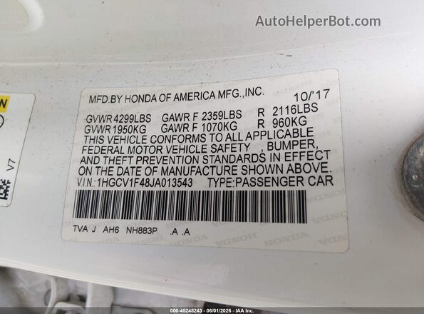 1HGCV1F48JA013543 2018 HONDA ACCORD White Widok komory silnika