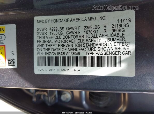 1HGCV1F48LA028059 2020 HONDA ACCORD Gray Widok komory silnika