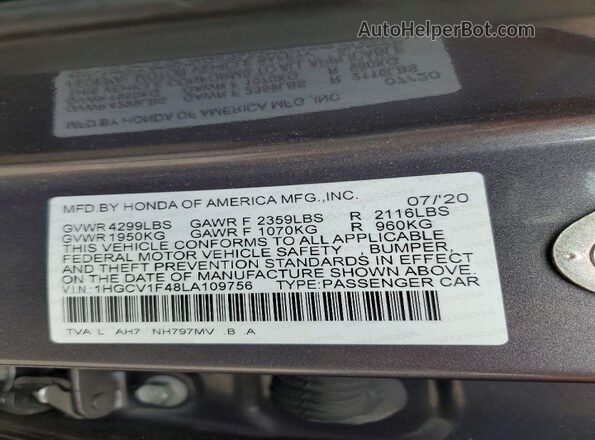 1HGCV1F48LA109756 2020 HONDA ACCORD Gray ძრავის განყოფილების ხედი