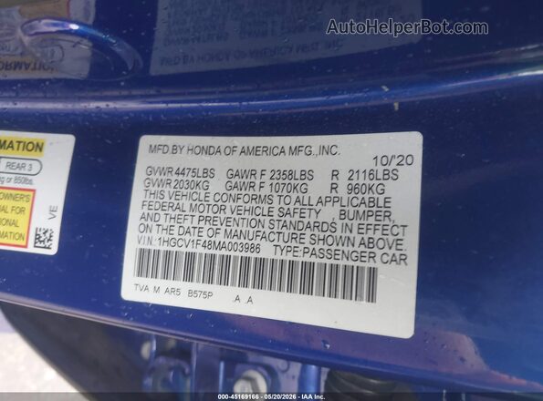 1HGCV1F48MA003986 2021 HONDA ACCORD Blue Շարժիչի բաժամունքի տեսք