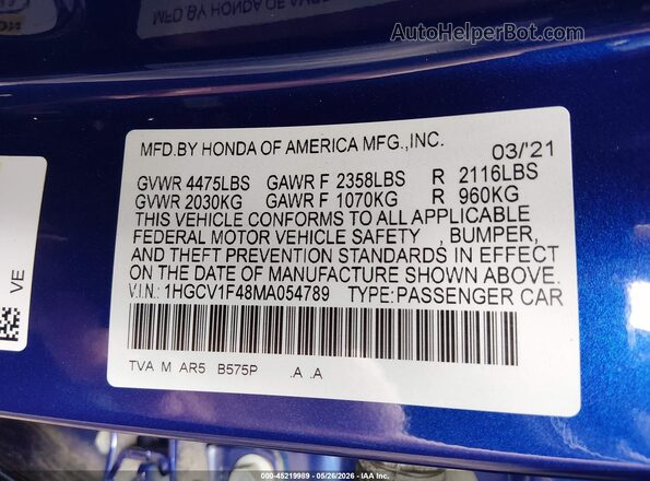 1HGCV1F48MA054789 2021 HONDA ACCORD Blue ძრავის განყოფილების ხედი