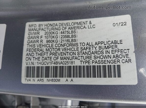 1HGCV1F48NA025181 2022 HONDA ACCORD Silver Widok komory silnika