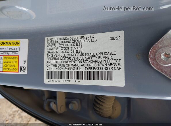 1HGCV1F49NA071814 2022 HONDA ACCORD Серый Вид подкапотного пространства
