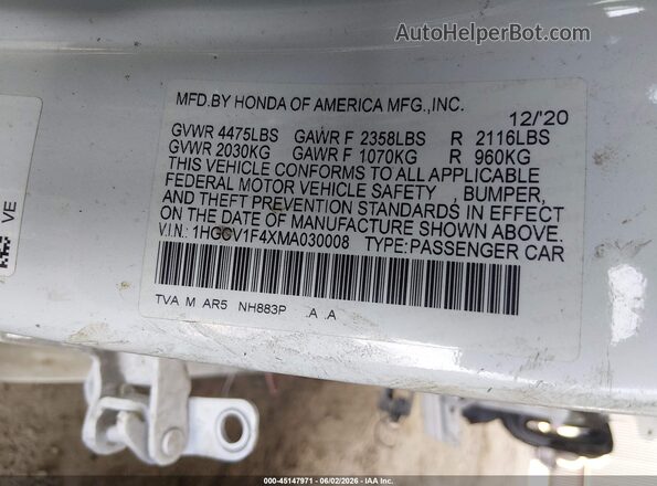1HGCV1F4XMA030008 2021 HONDA ACCORD White ძრავის განყოფილების ხედი